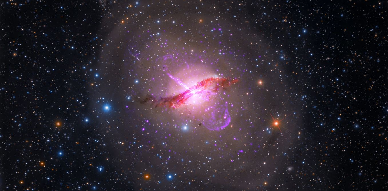 A composite image of Centaurus A which has a dwarf galaxy ESO 324-G024 nearby. X-ray: NASA/CXC/SAO; Optical: Rolf Olsen; Infrared: NASA/JPL-Caltech