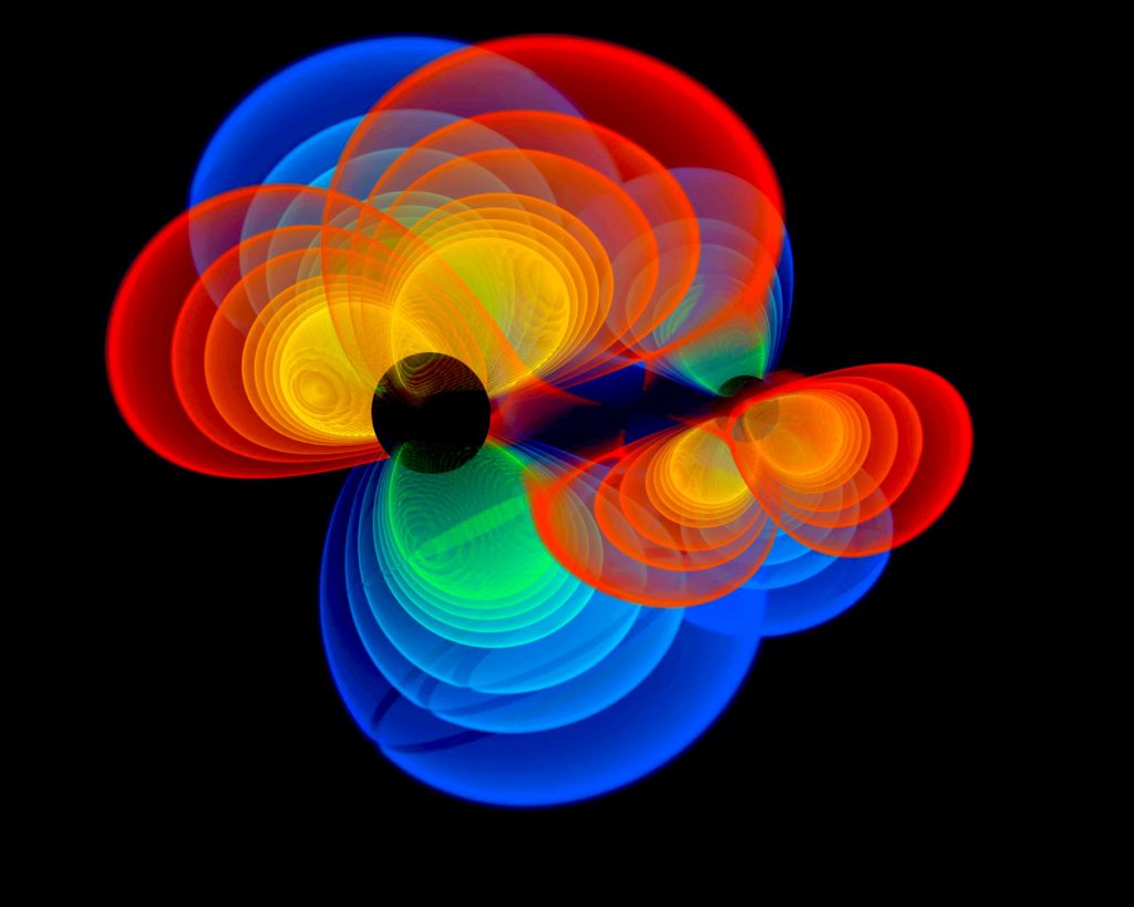 Black holes, black holes merging, simulation, black holes merging are believed to be sources of gravitational waves.