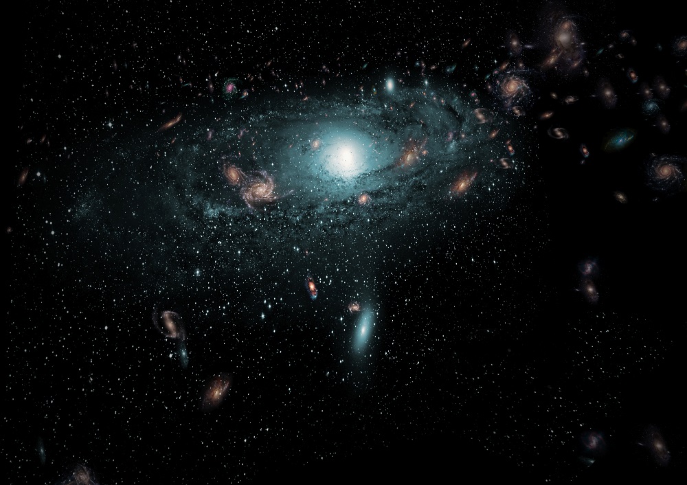An artist’s impression of the galaxies found in the ‘Zone of Avoidance’ behind the Milky Way. This scene has been created using the actual positional data of the new galaxies and randomly populating the region with galaxies of different sizes, types and colours. Credit: ICRAR