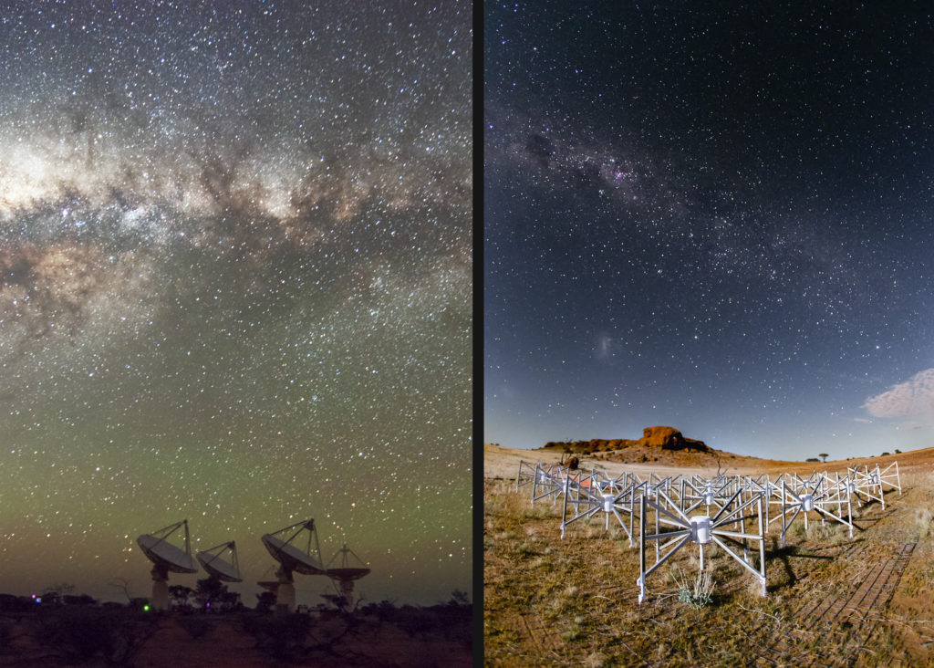 Two radio telescopes under the Milky Way in an outback location. 