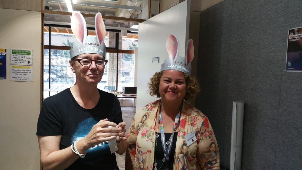 CSIRO Executive Manager Information Services, Cynthia Love with Senior Data Management Specialist Natasha Simons getting into the Hackfest spirit, or should we say, Easter spirit! Wearing Bilby ears to represent some of the more environmental aspects of the data.