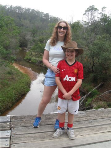 Ingrid Appelqvist with young boy at lookout.