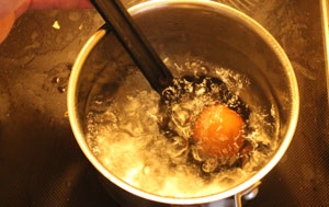 An egg boiling in a pot of water