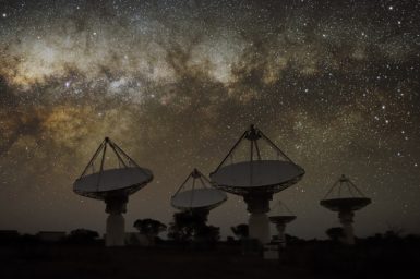 Night time view of dishes that are part of the Australian Square Kilometre Array Pathfinder (ASKAP) - a next-generation radio telescope in remote Western Australia