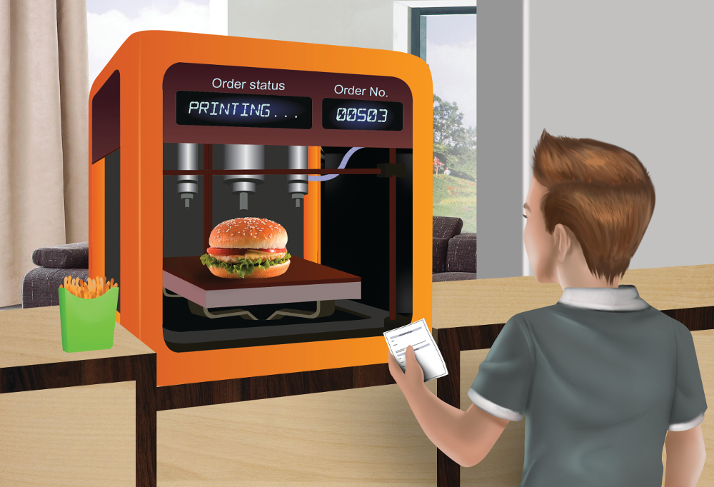 An illustration of a child 3D printing a hamburger