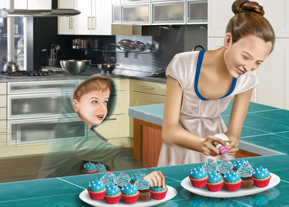 An illustration of a child and mother making cupcakes and the child is semi-invisible