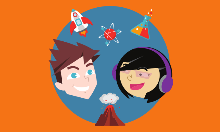 A cartoon image of a girl and a boy with a volcano, rocket, atom and beaker