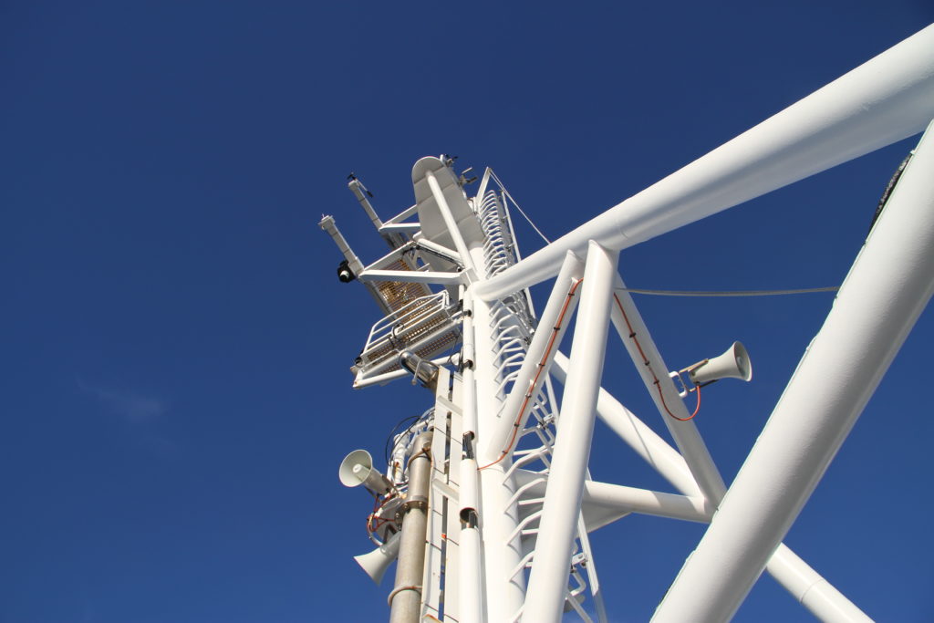 The mast at the front of the ship is bristling with air sampling equipment.