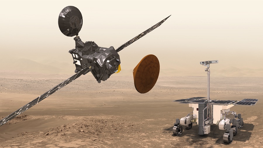 Artist’s impression of the Trace Gas Orbiter, Schiaparelli and the ExoMars rover at Mars. Image credit – ESA