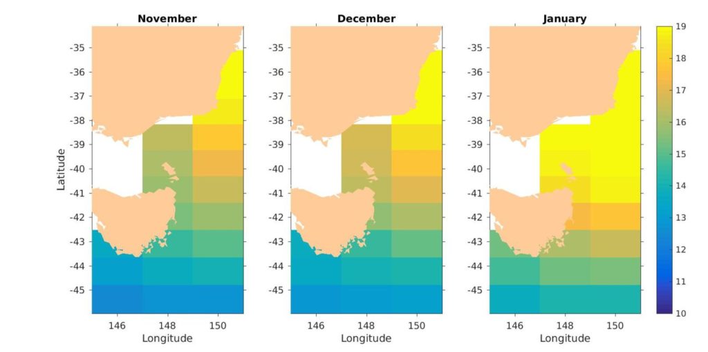 Monthly forecast of ocean temperatures for the east coast of Tasmania for the coming months Author provided.