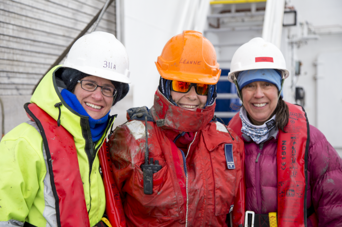 Alix, Leanne and Amy (left to right) after dismantling the piston corer