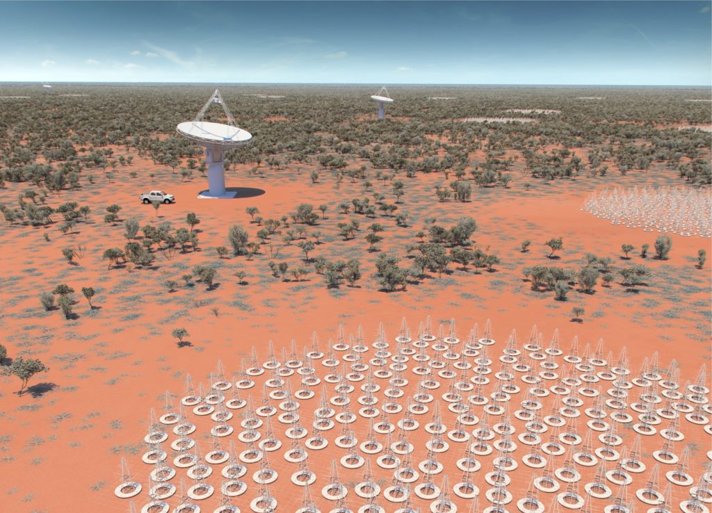 An image of lots of antennas surrounding a bigger dish in the Australian outback 