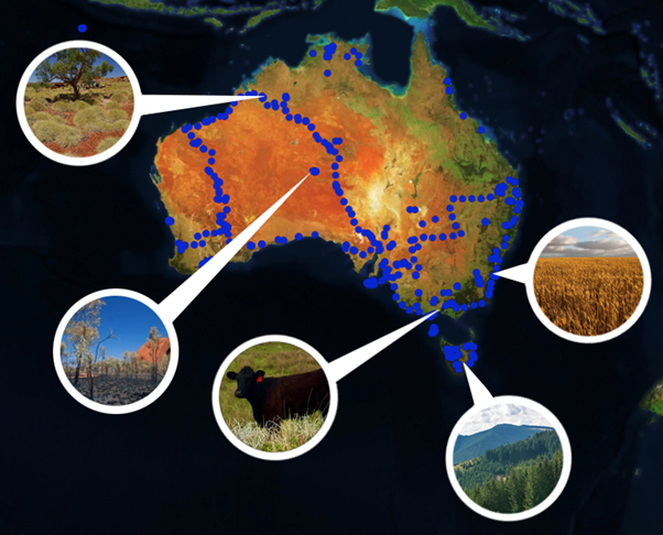 Map of Australia with soil sites marked and five photos of soil sites.
