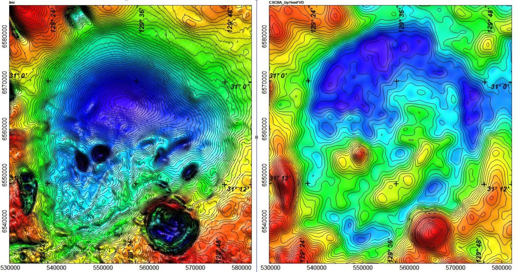 Contour map showing Coompana Anomaly as deep blue/low magnetic signal against backdrop of red/higher magnetic signal.