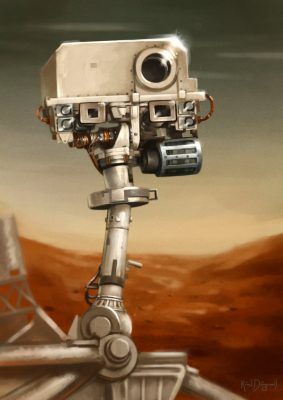 A drawing of Curiosity on Mars