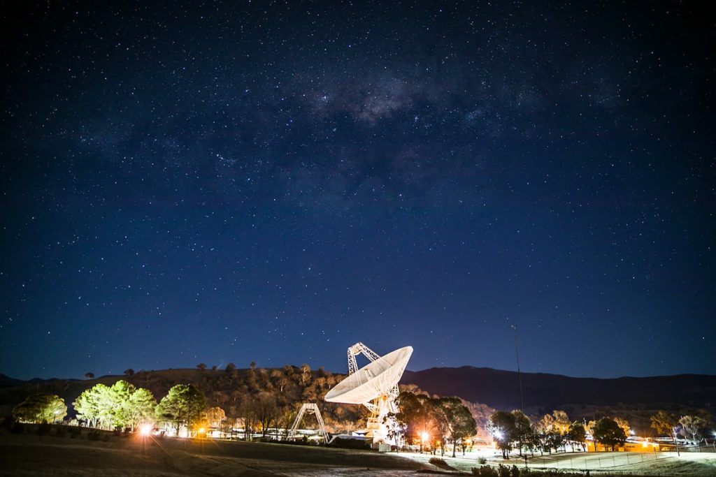 A photo of the Deep Space communication complex at night
