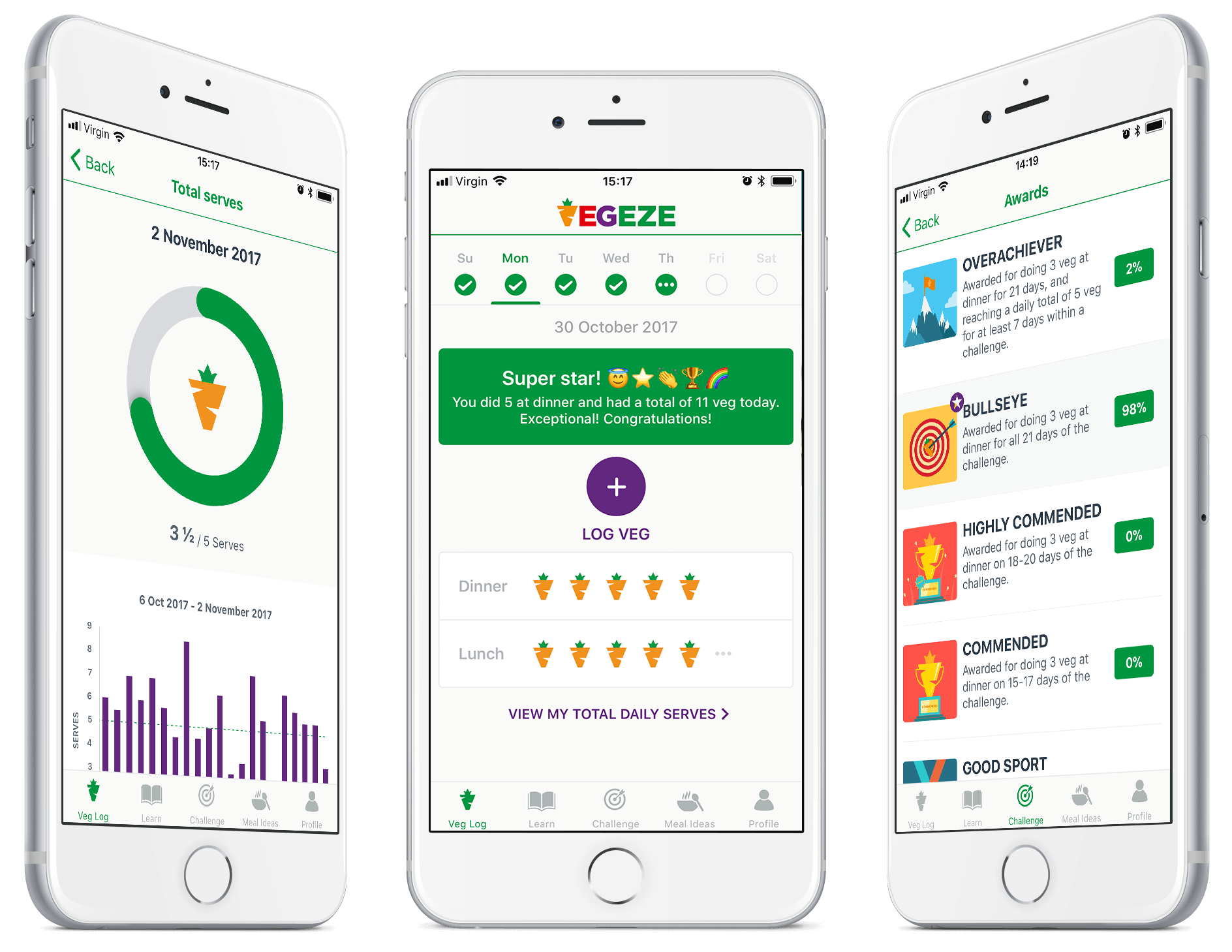 Three iPhone screens with pages from the VegEze app, including Total Serves, Vegie Tracker and Awards
