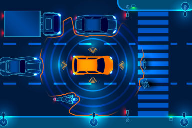 graphical representation of a driverless car sensing its surrounding environment