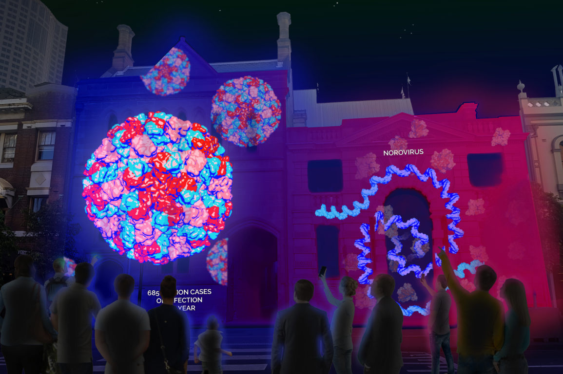 Virus animations beamed onto buildings