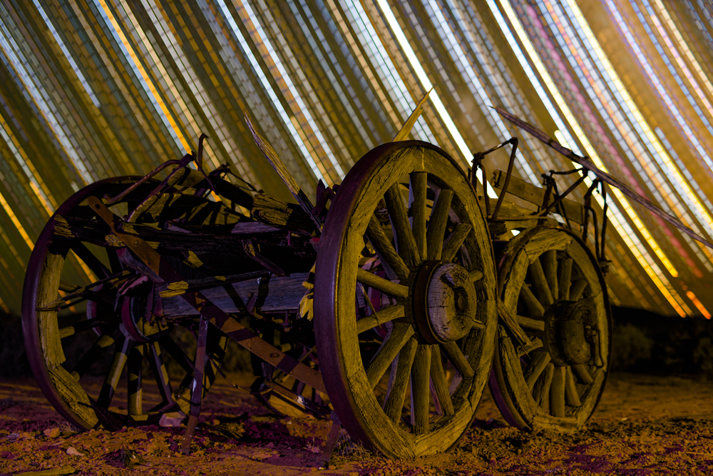 A wagon with streaks of multi-coloured stars behind it