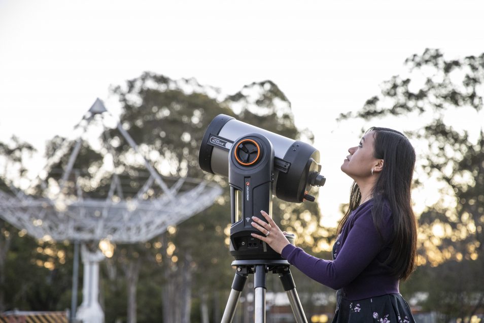 Astronomer Karen Lee-Waddell with telescope