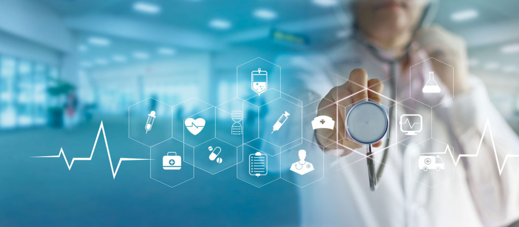 Medicine doctor and stethoscope in hand touching icon medical network connection with modern virtual screen interface, medical technology network concept