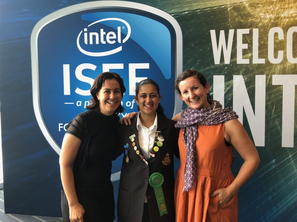 Adele Hudson, Angelina Arora and Jane Wearing-Smith at the Intel International Science and Engineering Fair. 