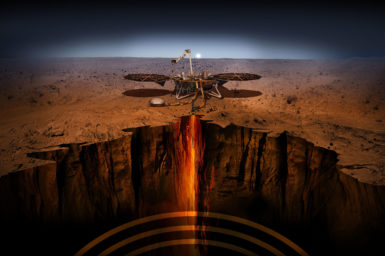 Artist's impression of NASA successfully landing the first robotic lander, InSight on Mars.