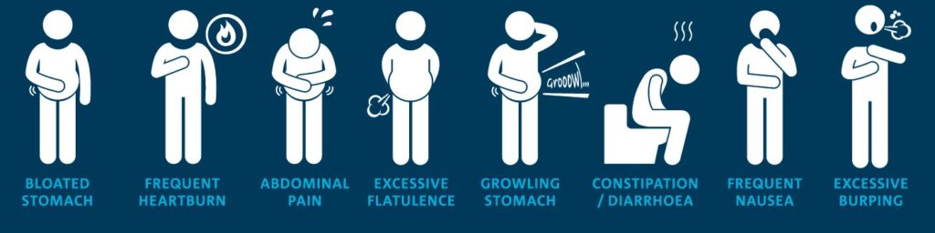 Graphic showing the symptoms of poor gut health: bloated stomach, frequent heartburn, abdominal pain, excessive flatulence, growling stomach, contipation or diarrhoea, frequent nausea, excessive burping 