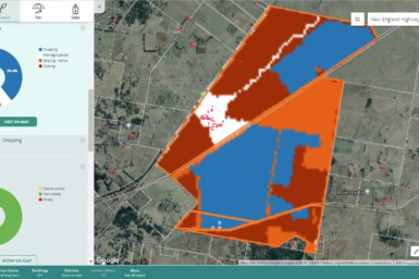 Screen capture from the rural Intelligence Platform showing a property and its different land uses, e.g. cropping and grazing in different colours
