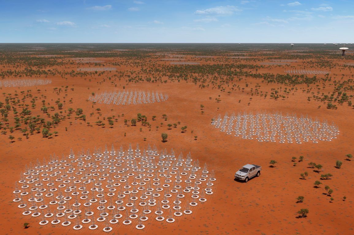 An artist's impression of the future Square Kilometre Array (SKA) in Australia, showing 132,000 low frequency antennas (resembling metal Christmas trees) in groupings across the outback in Western Australia.