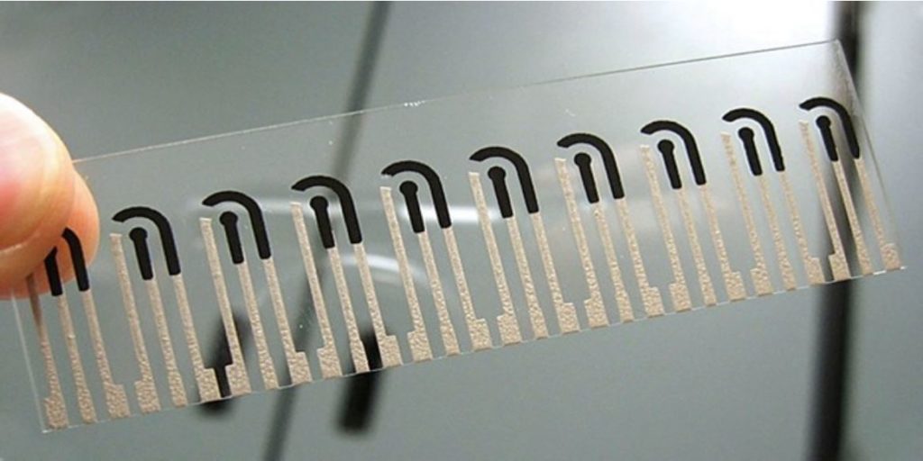 fingers hold a transparent strip with ten silver and black coloured sensors printed onto it