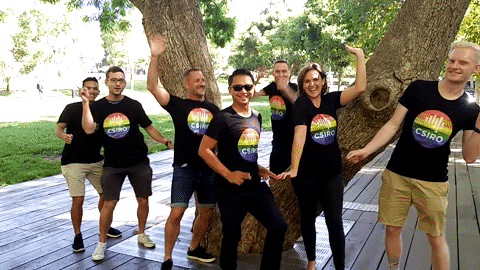 csiro staff dancing in rainbow t-shirts