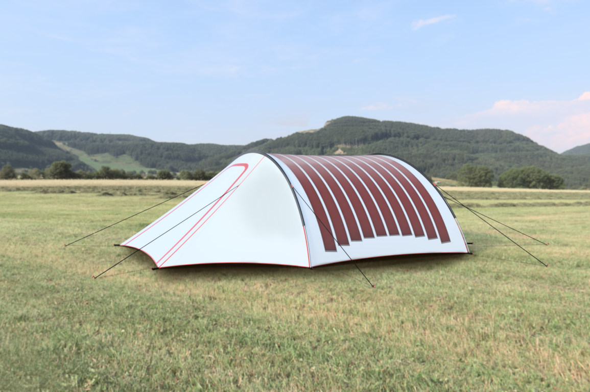 A tent pitched in a remote grassy area with flexible solar panels