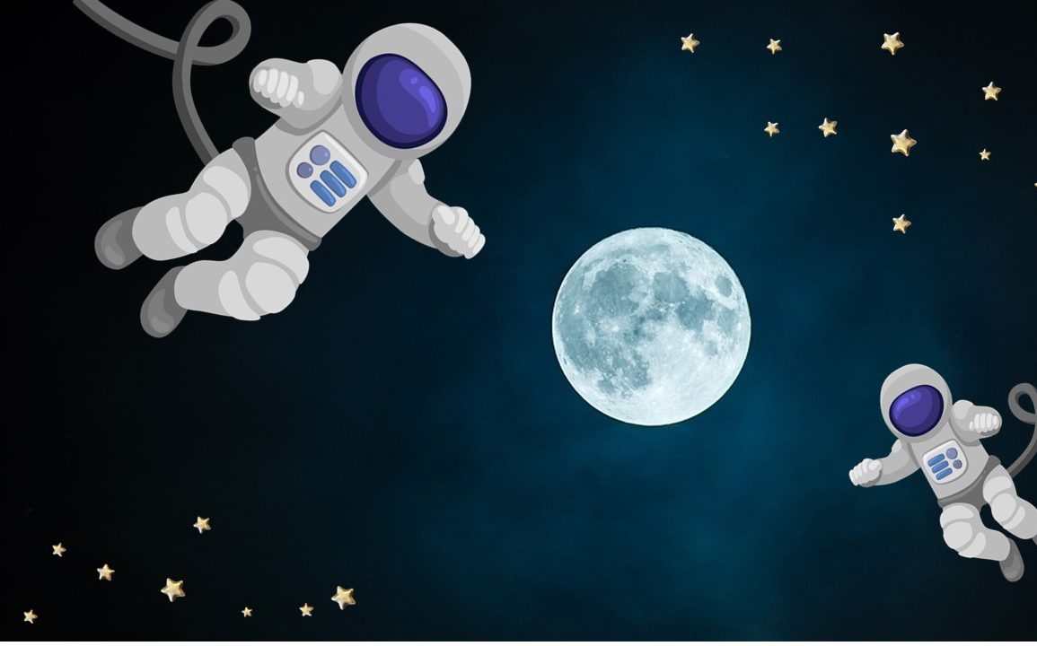 cartoon astronauts floating around the moon