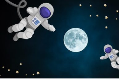 cartoon astronauts floating around the moon