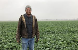 Farmer Nick Kershaw in a field of canola.
