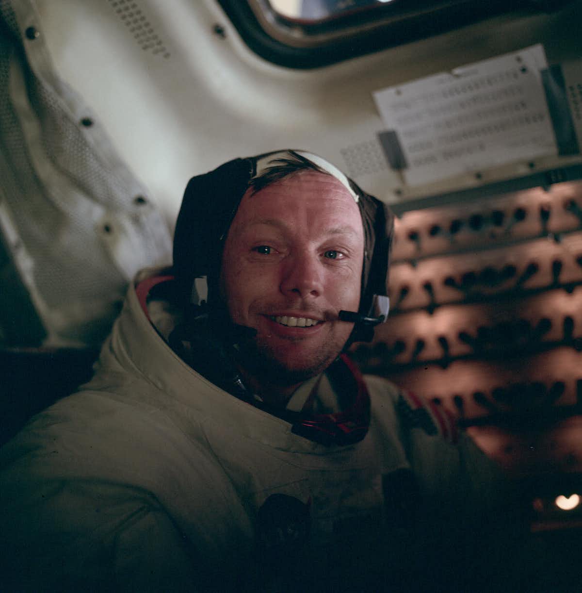 Apollo 11 commander Neil Armstrong back inside the lunar module on the Moon after the moonwalk. 