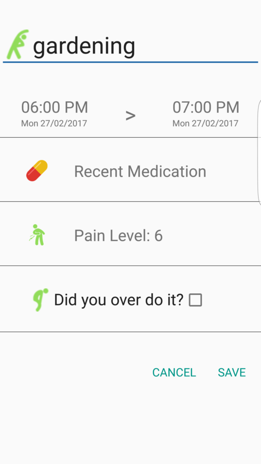 A screencap of a mobile phone app. The screen says Gardening and displays a timeframe, buttons to record recent medication and pain levels, and asks if the user overdid it.