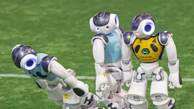 Robots playing soccer on a soccer field