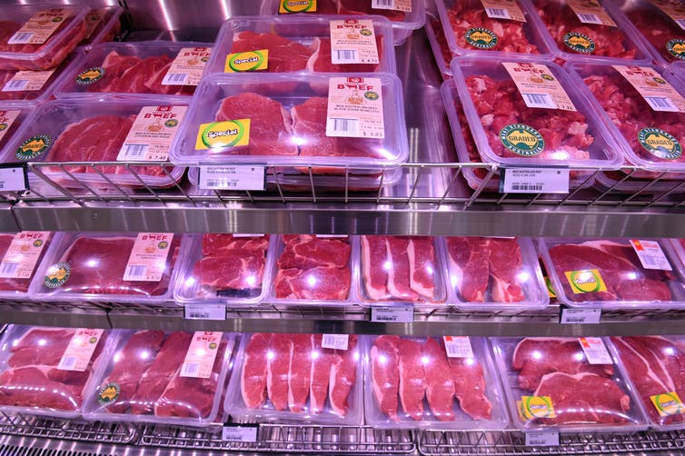 Packaged meat for sale in a supermarket
