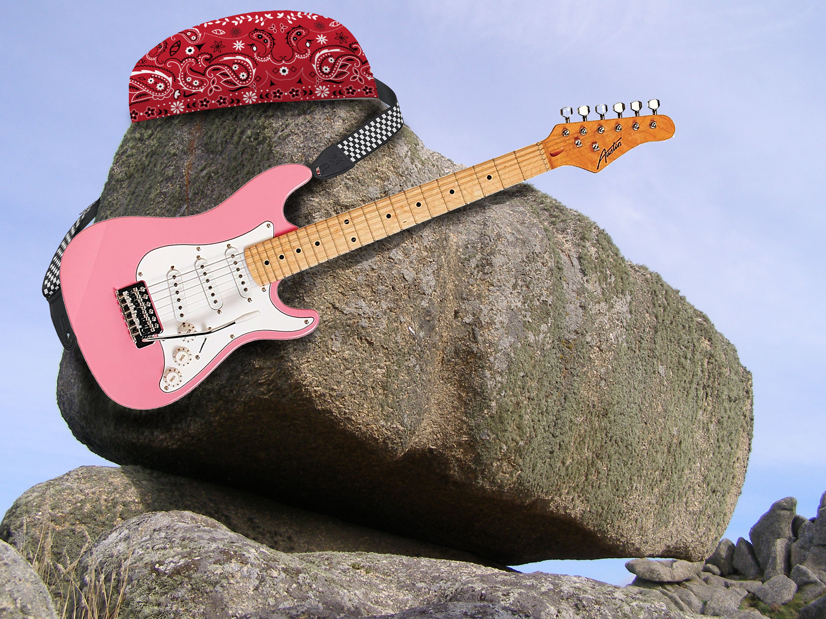 Photo of a rock playing rock songs with a bandana and electric guitar photoshopped on