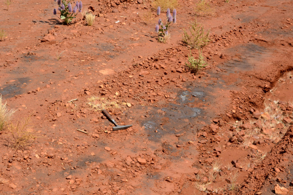 blue grey manganese crust on red soil with hand pick exploration tool