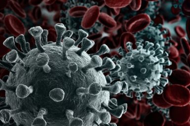 A virus cell against red blood cells