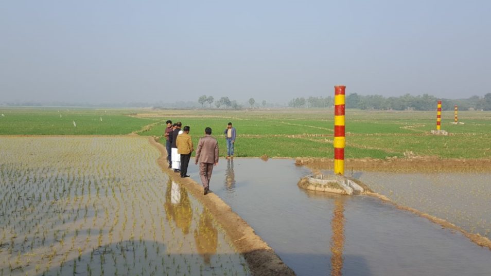 People walking along ride of rice patty in Bangladesh. Showing our work on World Water Day.