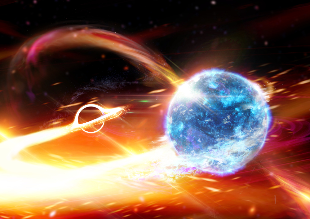 Animated image of gravitational waves discovery showing a round blue object surrounded by orange, fire-like background.