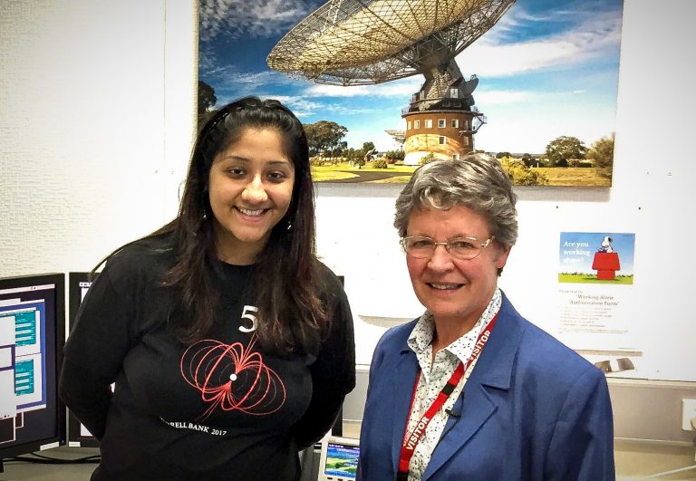 Pioneer of pulsars Dame Jocelyn Bell-Burnell (right) and Dr Shivani Bhandari (left) in 2018.