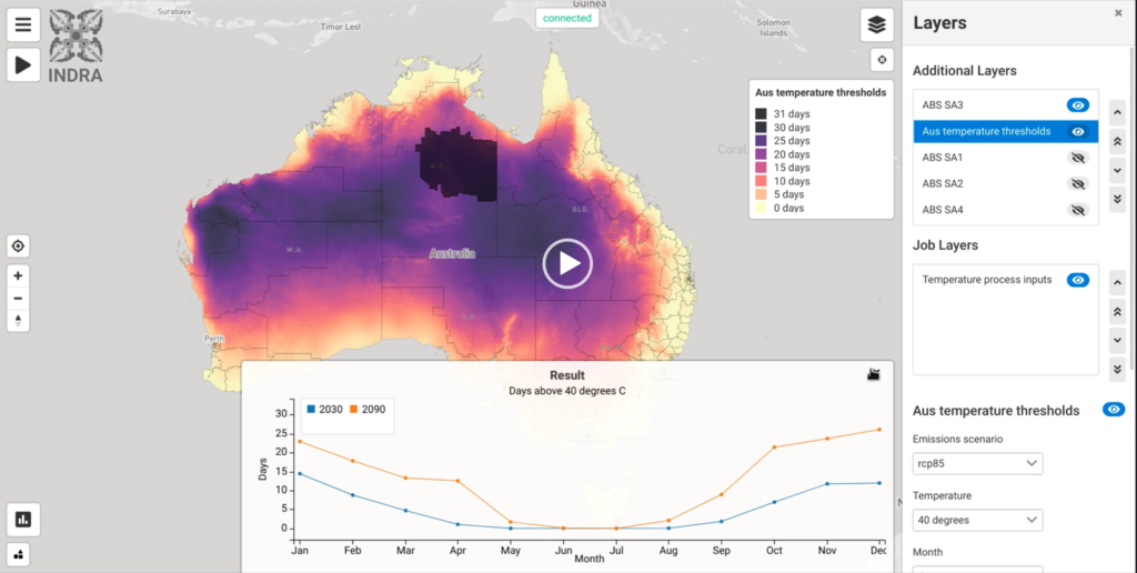 INDRA - a climate heat map of Australia. It's shaded different colours to indicate different levels of heat.