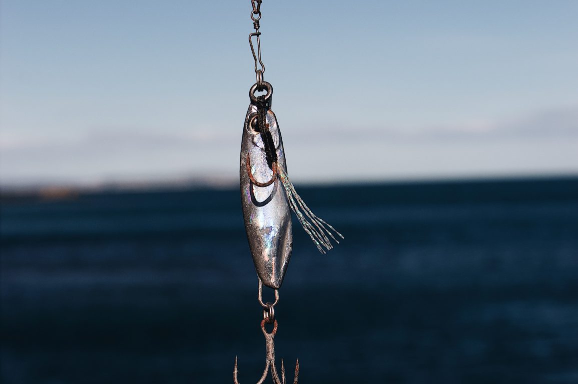 bait fish on a hook in front of a water background
