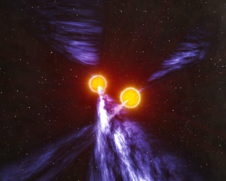 Two circular, yellow-orange objects in space with purple streams emerging from them that were recorded at the parkes telescope